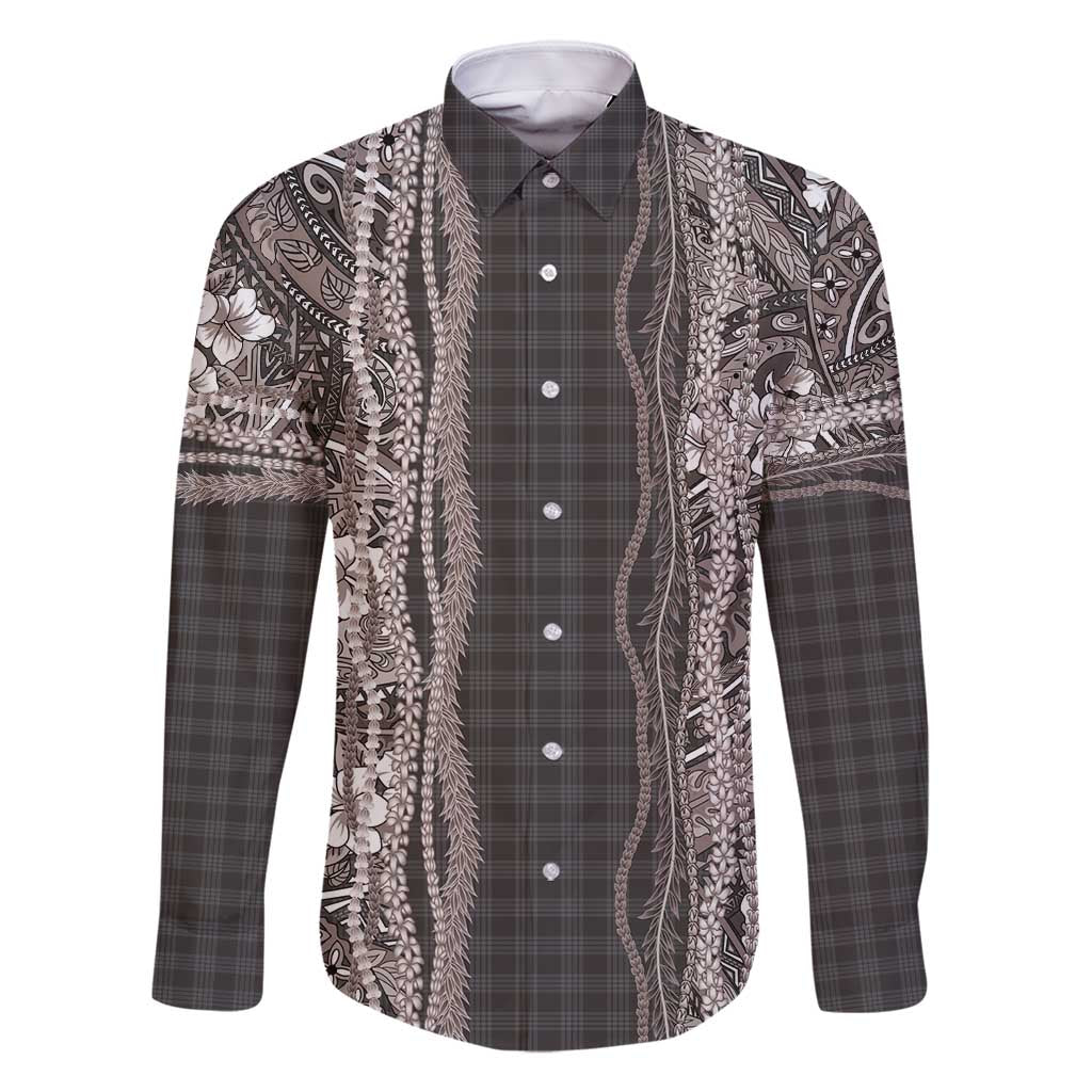 Hawaiian Art Flower Tribal with Lei Family Matching Mermaid Dress and Hawaiian Shirt Palaka Pattern Grayscale - Polynesian Pride