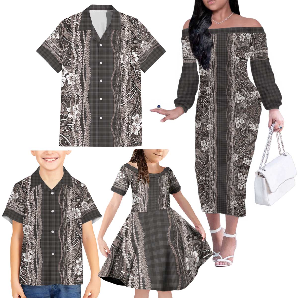 Hawaiian Art Flower Tribal with Lei Family Matching Off The Shoulder Long Sleeve Dress and Hawaiian Shirt Palaka Pattern Grayscale - Polynesian Pride