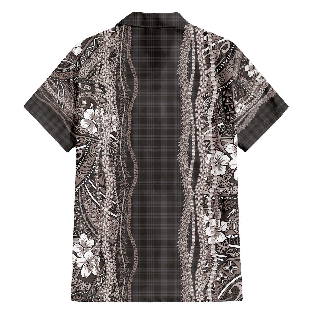 Hawaiian Art Flower Tribal with Lei Family Matching Off The Shoulder Long Sleeve Dress and Hawaiian Shirt Palaka Pattern Grayscale - Polynesian Pride