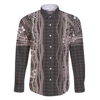 Hawaiian Art Flower Tribal with Lei Family Matching Off The Shoulder Long Sleeve Dress and Hawaiian Shirt Palaka Pattern Grayscale - Polynesian Pride