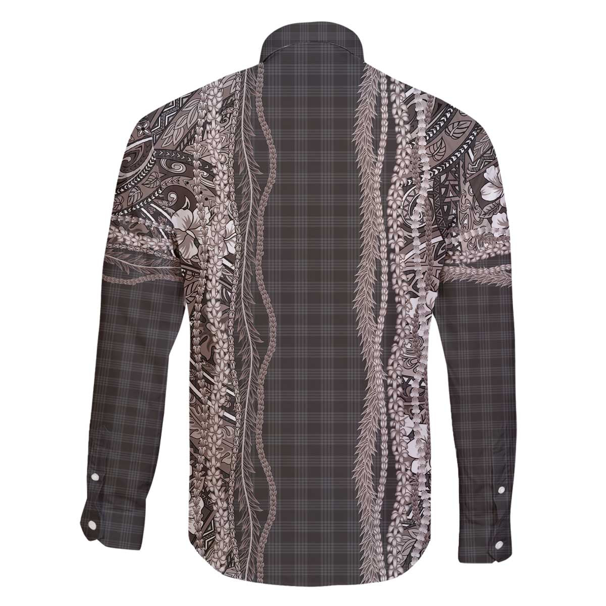 Hawaiian Art Flower Tribal with Lei Family Matching Off The Shoulder Long Sleeve Dress and Hawaiian Shirt Palaka Pattern Grayscale - Polynesian Pride