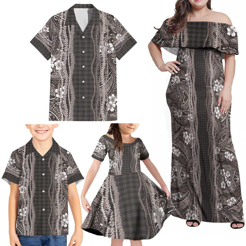Hawaiian Art Flower Tribal with Lei Family Matching Off Shoulder Maxi Dress and Hawaiian Shirt Palaka Pattern Grayscale - Polynesian Pride