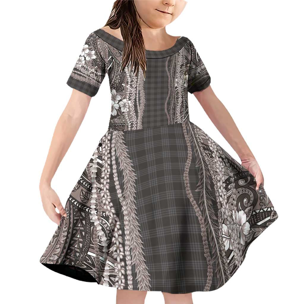 Hawaiian Art Flower Tribal with Lei Family Matching Off Shoulder Short Dress and Hawaiian Shirt Palaka Pattern Grayscale - Polynesian Pride