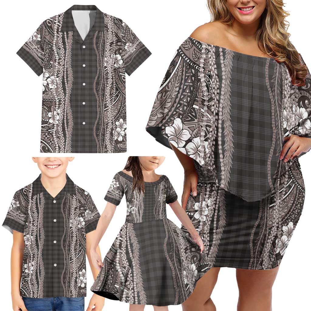 Hawaiian Art Flower Tribal with Lei Family Matching Off Shoulder Short Dress and Hawaiian Shirt Palaka Pattern Grayscale - Polynesian Pride