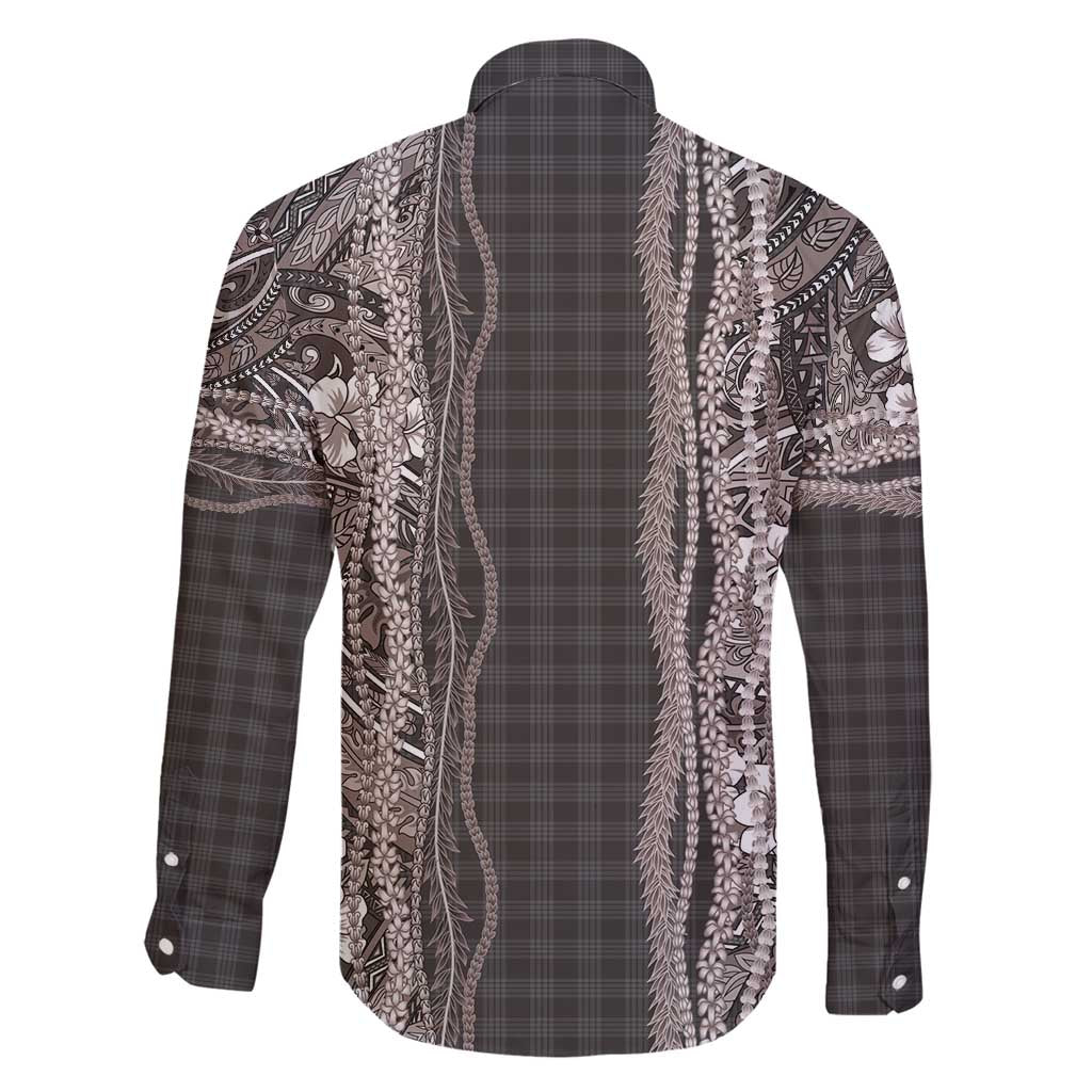 Hawaiian Art Flower Tribal with Lei Family Matching Off Shoulder Short Dress and Hawaiian Shirt Palaka Pattern Grayscale - Polynesian Pride