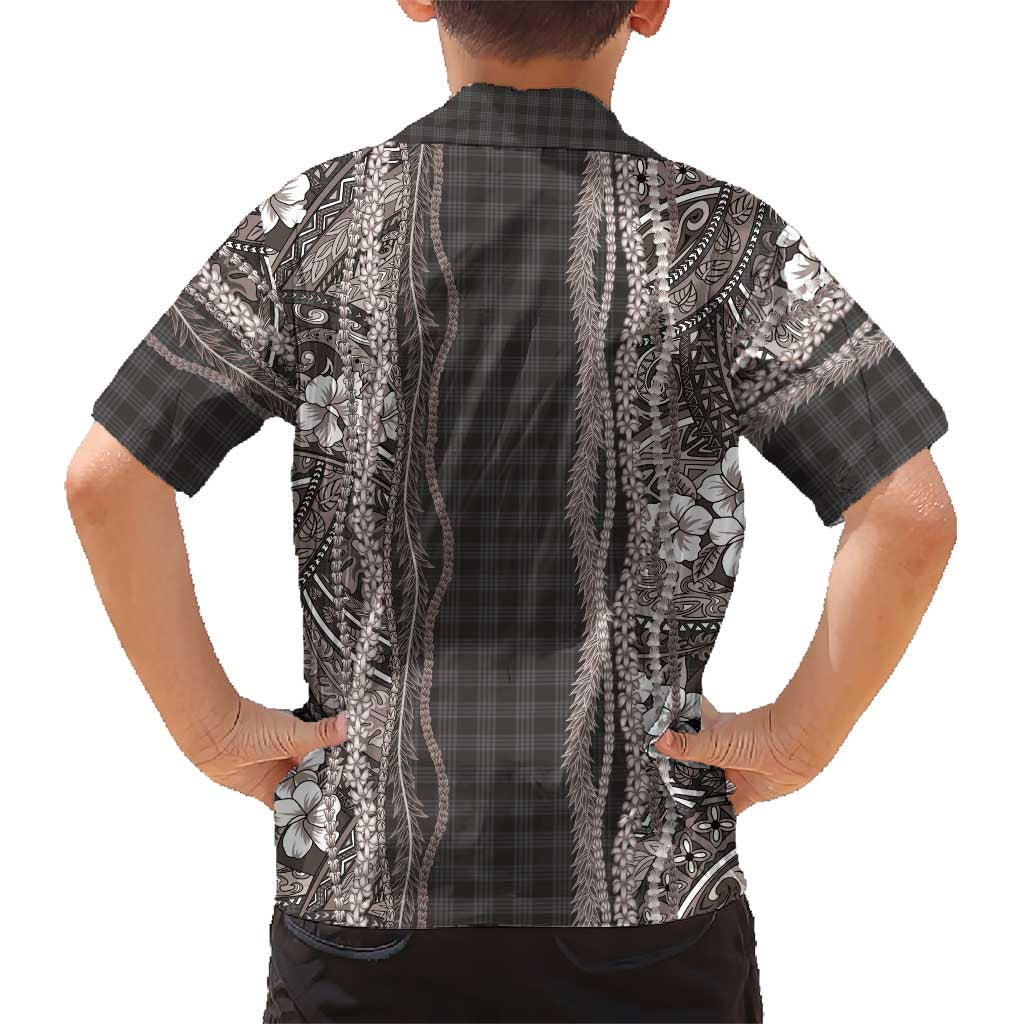 Hawaiian Art Flower Tribal with Lei Family Matching Puletasi and Hawaiian Shirt Palaka Pattern Grayscale LT03 - Polynesian Pride