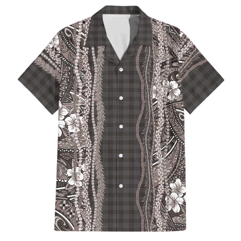 Hawaiian Art Flower Tribal with Lei Family Matching Puletasi and Hawaiian Shirt Palaka Pattern Grayscale LT03 Dad's Shirt - Short Sleeve Gray - Polynesian Pride