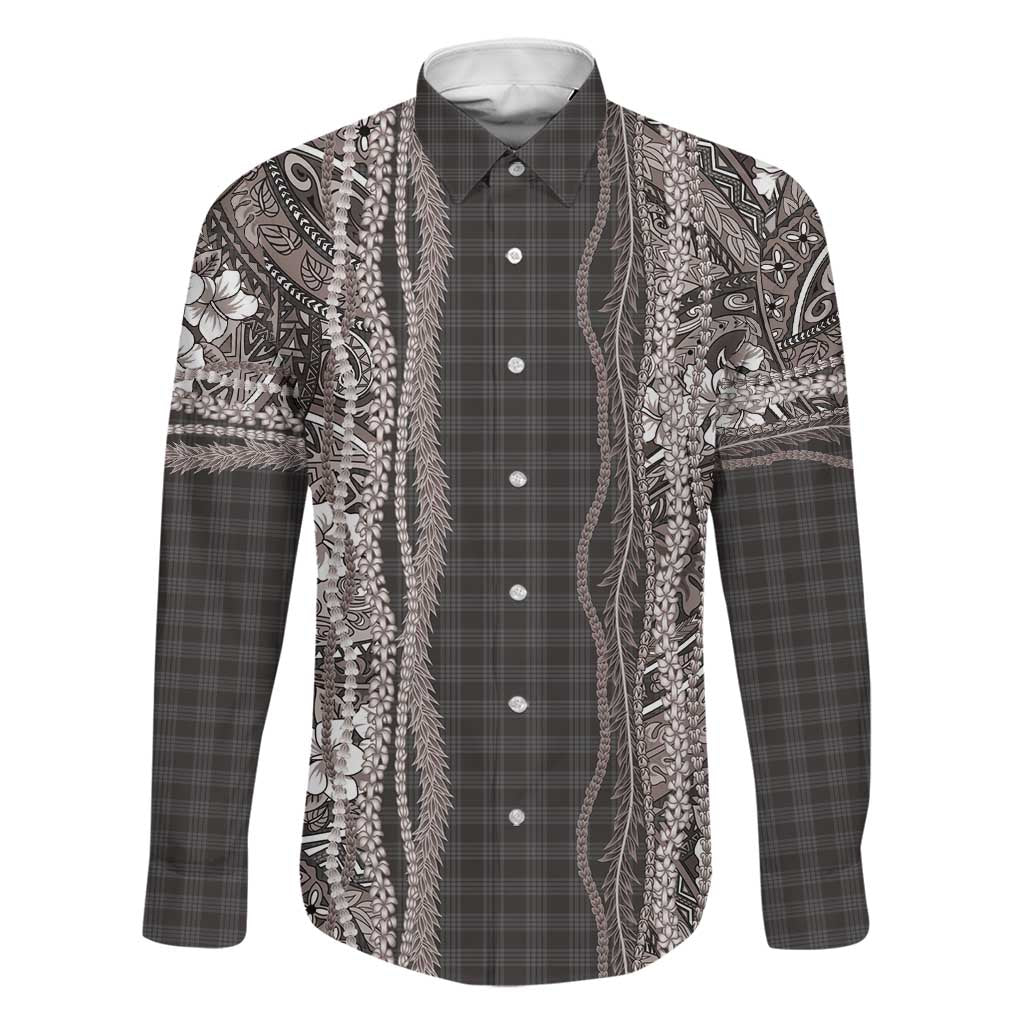 Hawaiian Art Flower Tribal with Lei Family Matching Puletasi and Hawaiian Shirt Palaka Pattern Grayscale LT03 Dad's Shirt - Long Sleeve Gray - Polynesian Pride