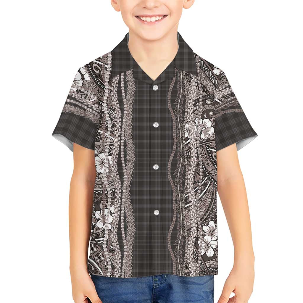 Hawaiian Art Flower Tribal with Lei Family Matching Puletasi and Hawaiian Shirt Palaka Pattern Grayscale LT03 Son's Shirt Gray - Polynesian Pride