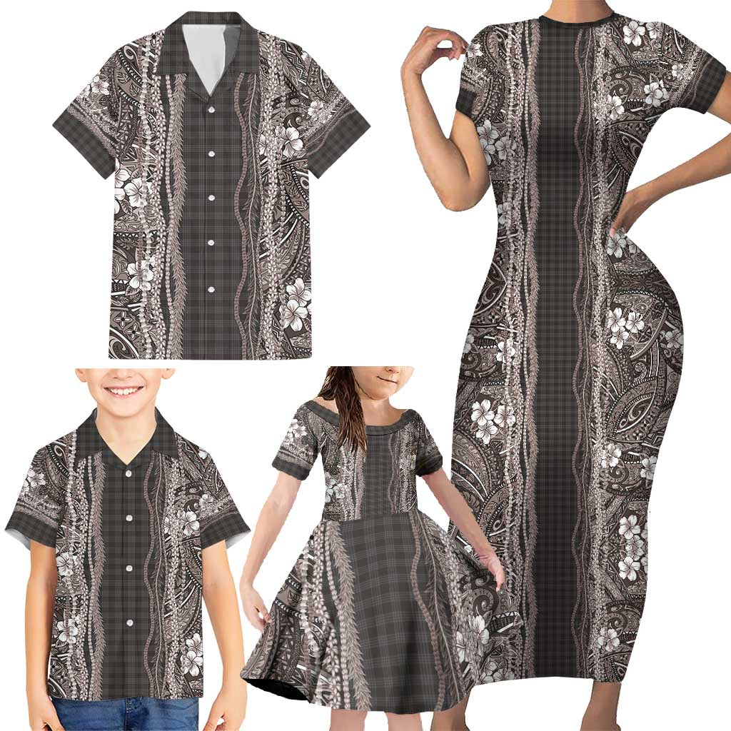 Hawaiian Art Flower Tribal with Lei Family Matching Short Sleeve Bodycon Dress and Hawaiian Shirt Palaka Pattern Grayscale - Polynesian Pride