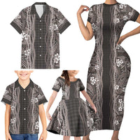 Hawaiian Art Flower Tribal with Lei Family Matching Short Sleeve Bodycon Dress and Hawaiian Shirt Palaka Pattern Grayscale - Polynesian Pride