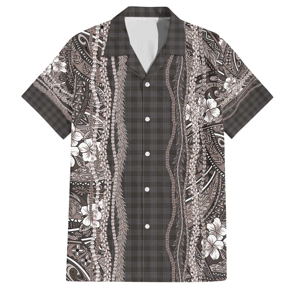 Hawaiian Art Flower Tribal with Lei Family Matching Short Sleeve Bodycon Dress and Hawaiian Shirt Palaka Pattern Grayscale - Polynesian Pride