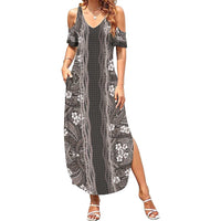 Hawaiian Art Flower Tribal with Lei Family Matching Summer Maxi Dress and Hawaiian Shirt Palaka Pattern Grayscale - Polynesian Pride