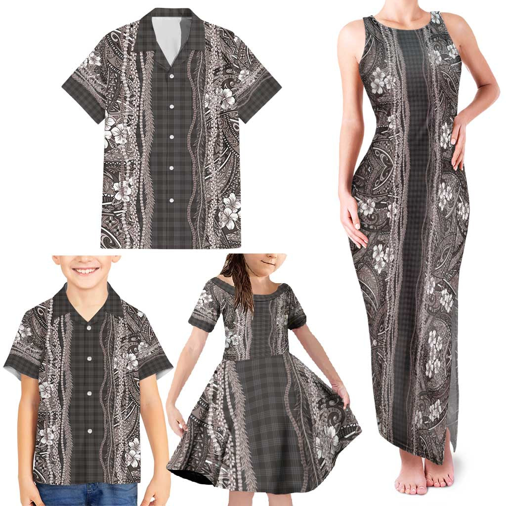 Hawaiian Art Flower Tribal with Lei Family Matching Tank Maxi Dress and Hawaiian Shirt Palaka Pattern Grayscale - Polynesian Pride