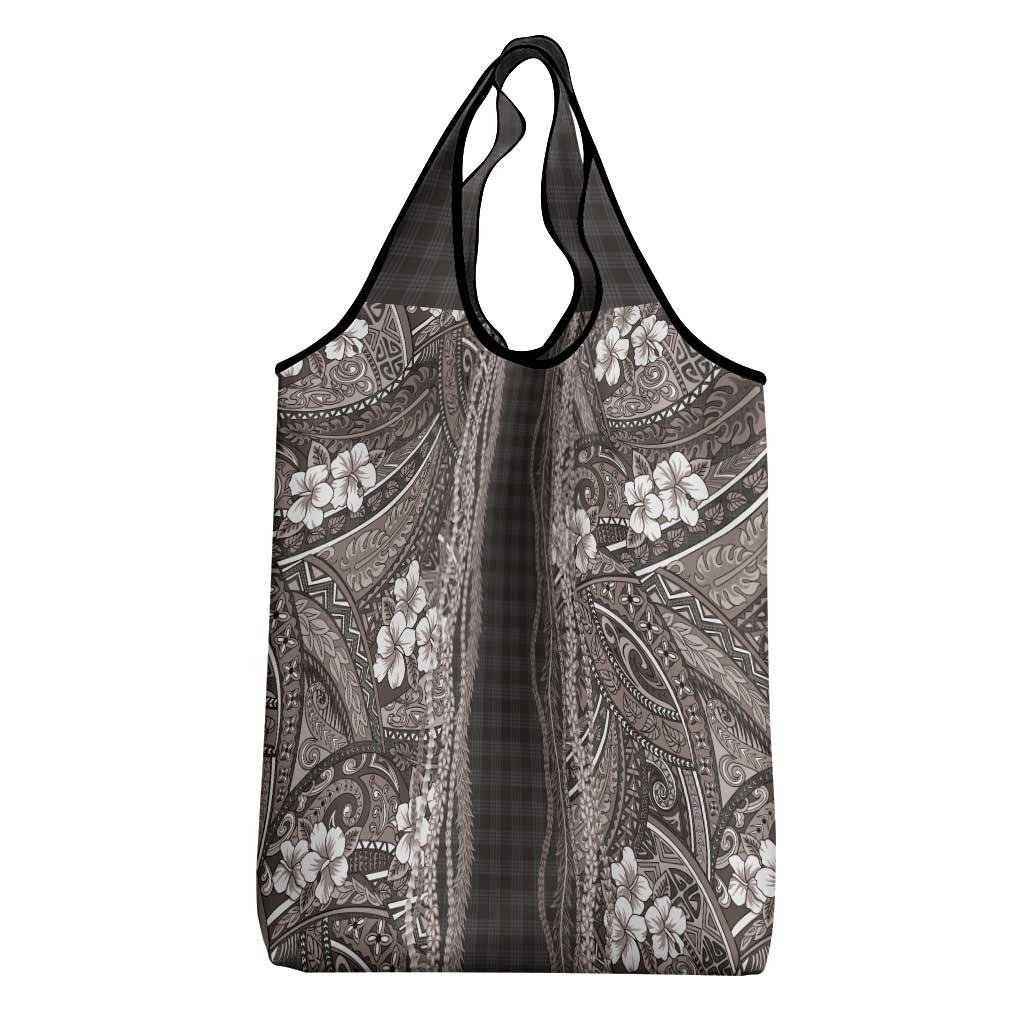 Hawaiian Art Flower Tribal with Lei Grocery Bag Palaka Pattern Grayscale - Polynesian Pride