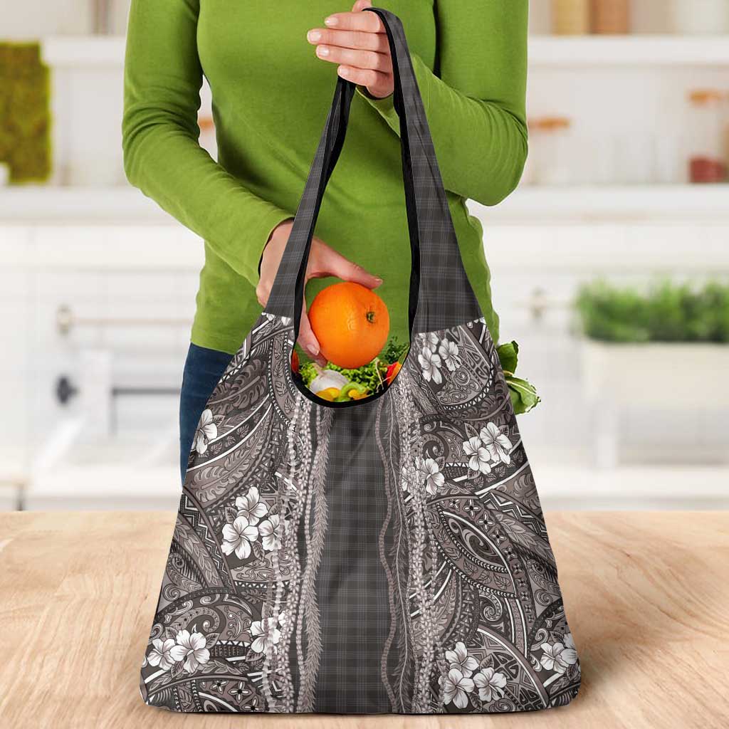 Hawaiian Art Flower Tribal with Lei Grocery Bag Palaka Pattern Grayscale - Polynesian Pride