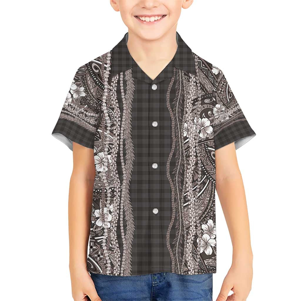 Hawaiian Art Flower Tribal with Lei Hawaiian Shirt Palaka Pattern Grayscale - Polynesian Pride