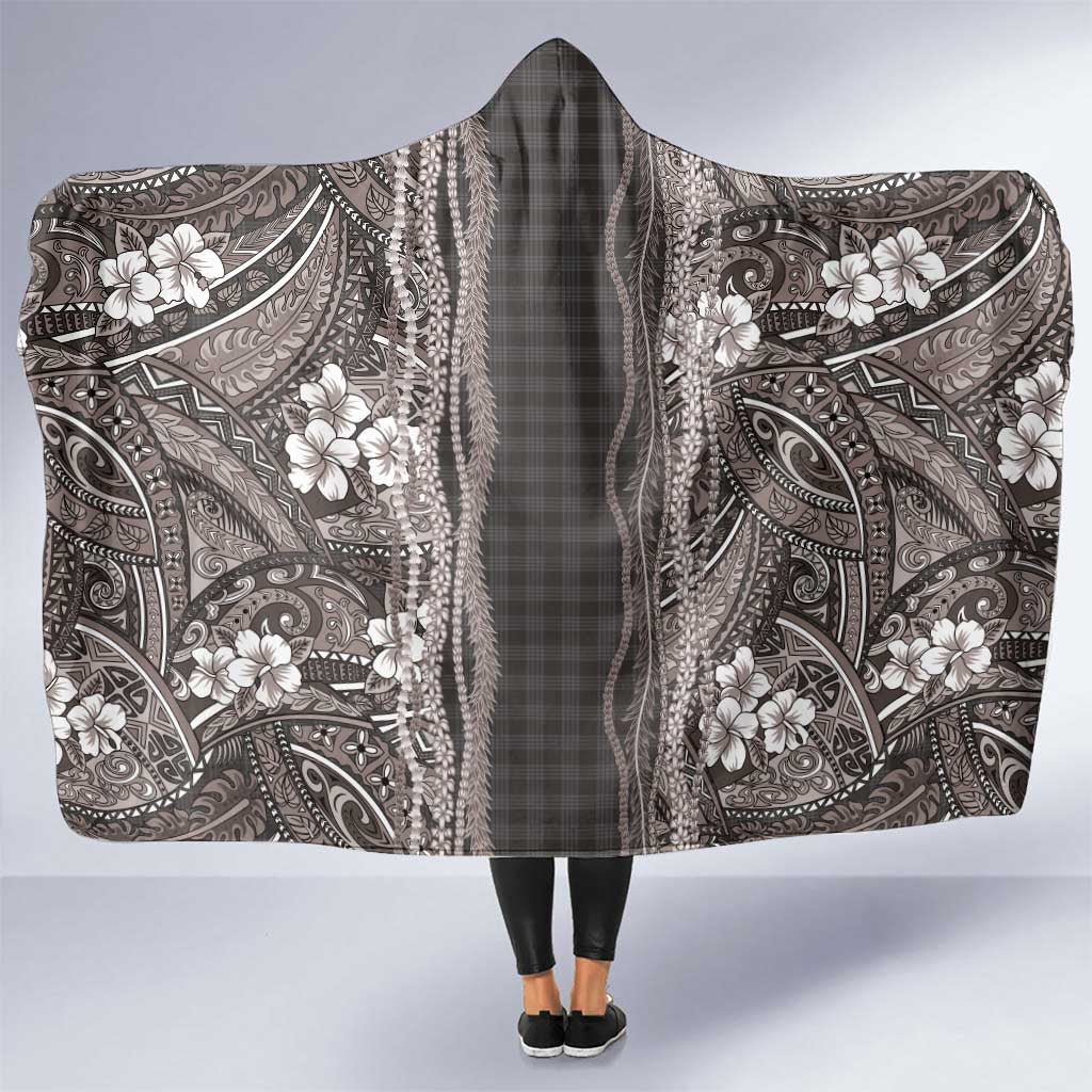 Hawaiian Art Flower Tribal with Lei Hooded Blanket Palaka Pattern Grayscale LT03 One Size Gray - Polynesian Pride