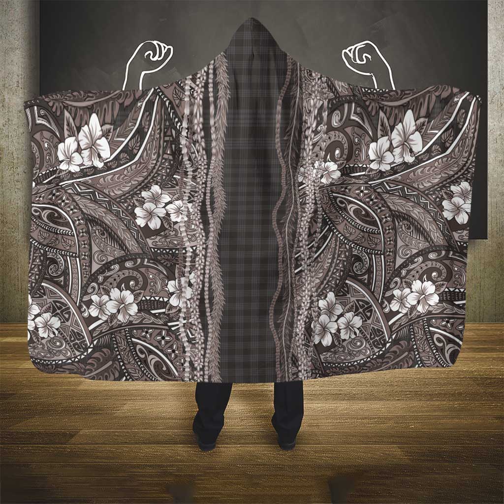 Hawaiian Art Flower Tribal with Lei Hooded Blanket Palaka Pattern Grayscale LT03 - Polynesian Pride