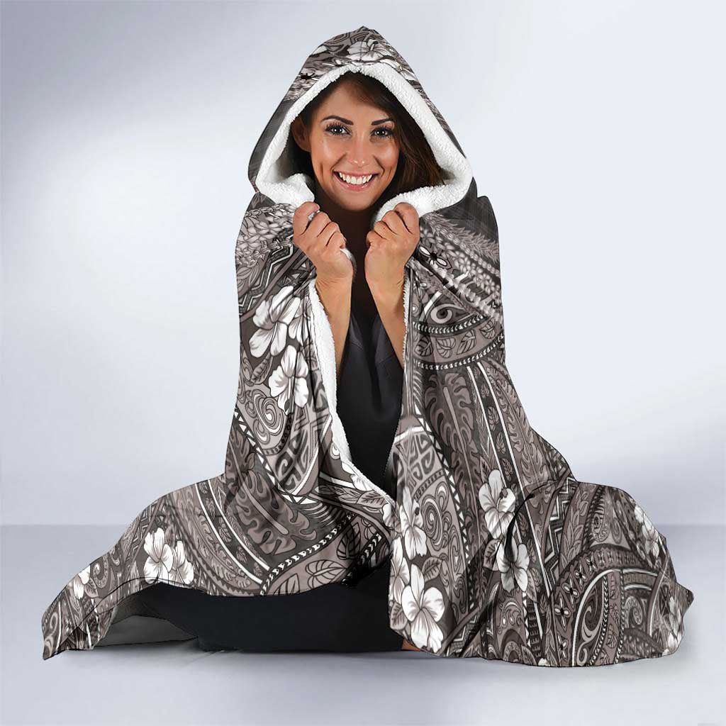 Hawaiian Art Flower Tribal with Lei Hooded Blanket Palaka Pattern Grayscale LT03 - Polynesian Pride