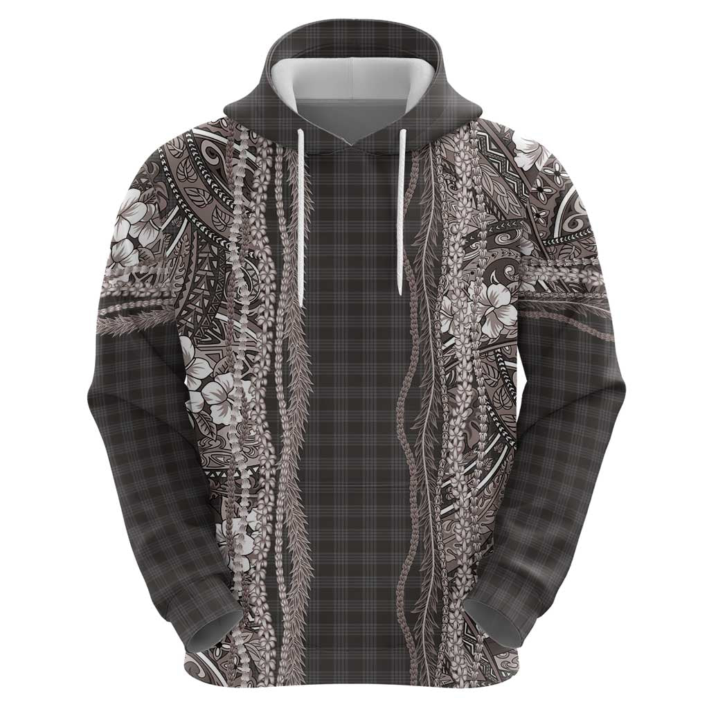 Hawaiian Art Flower Tribal with Lei Hoodie Palaka Pattern Grayscale - Polynesian Pride