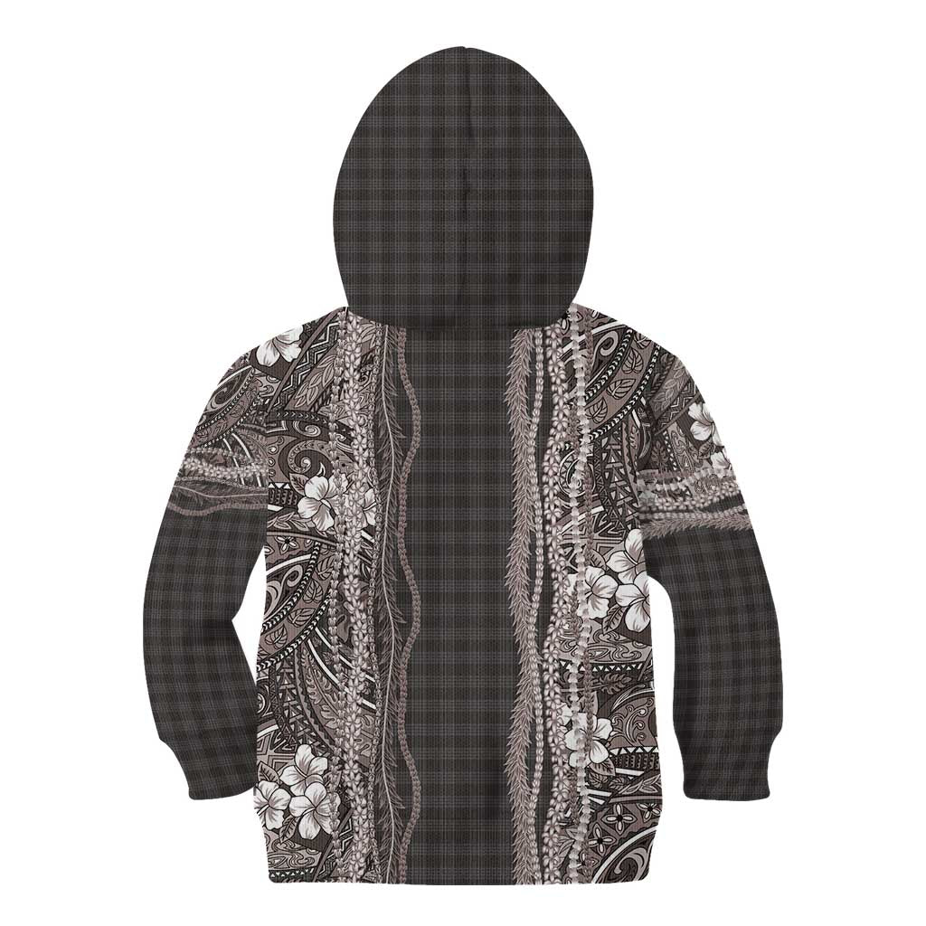 Hawaiian Art Flower Tribal with Lei Kid Hoodie Palaka Pattern Grayscale - Polynesian Pride