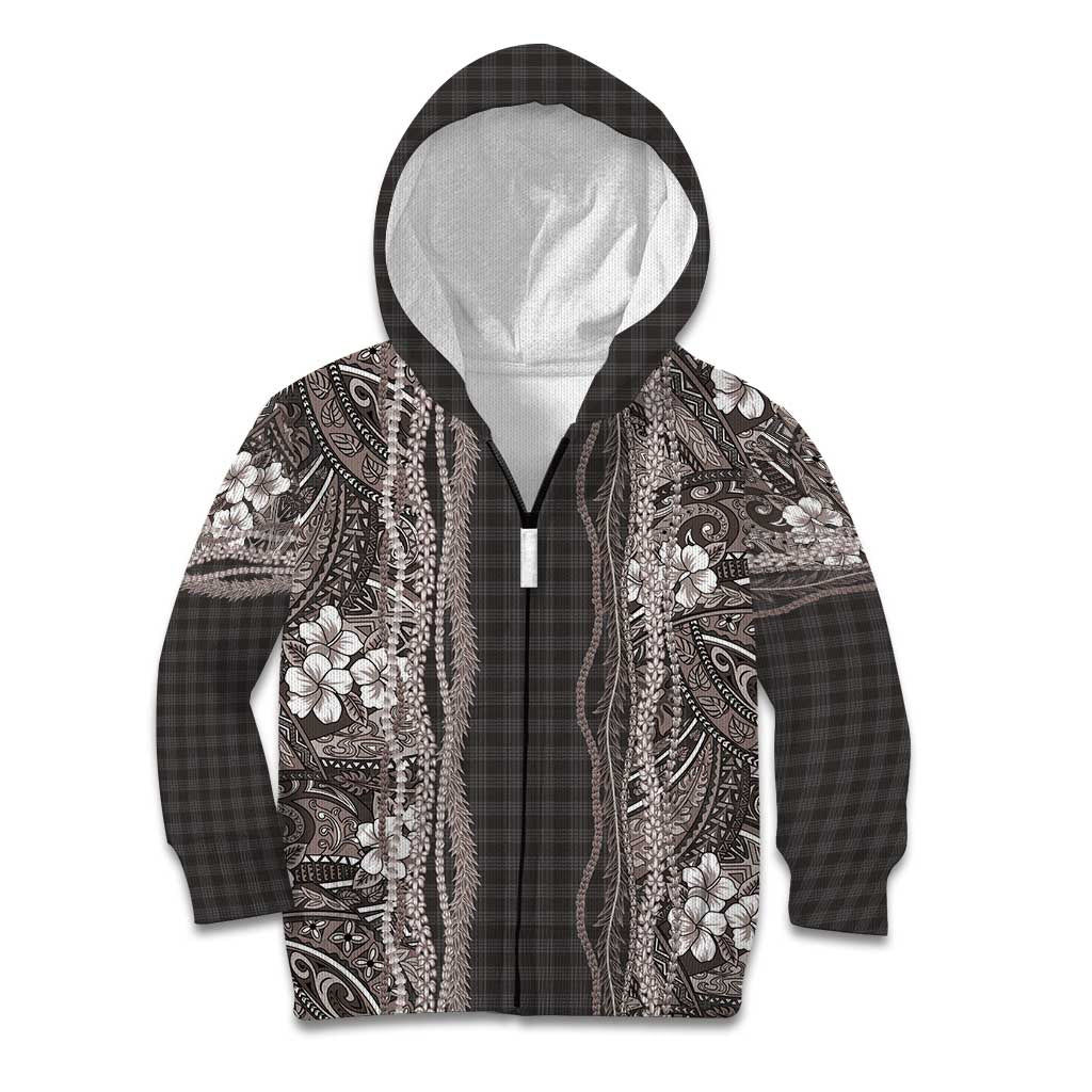 Hawaiian Art Flower Tribal with Lei Kid Hoodie Palaka Pattern Grayscale - Polynesian Pride