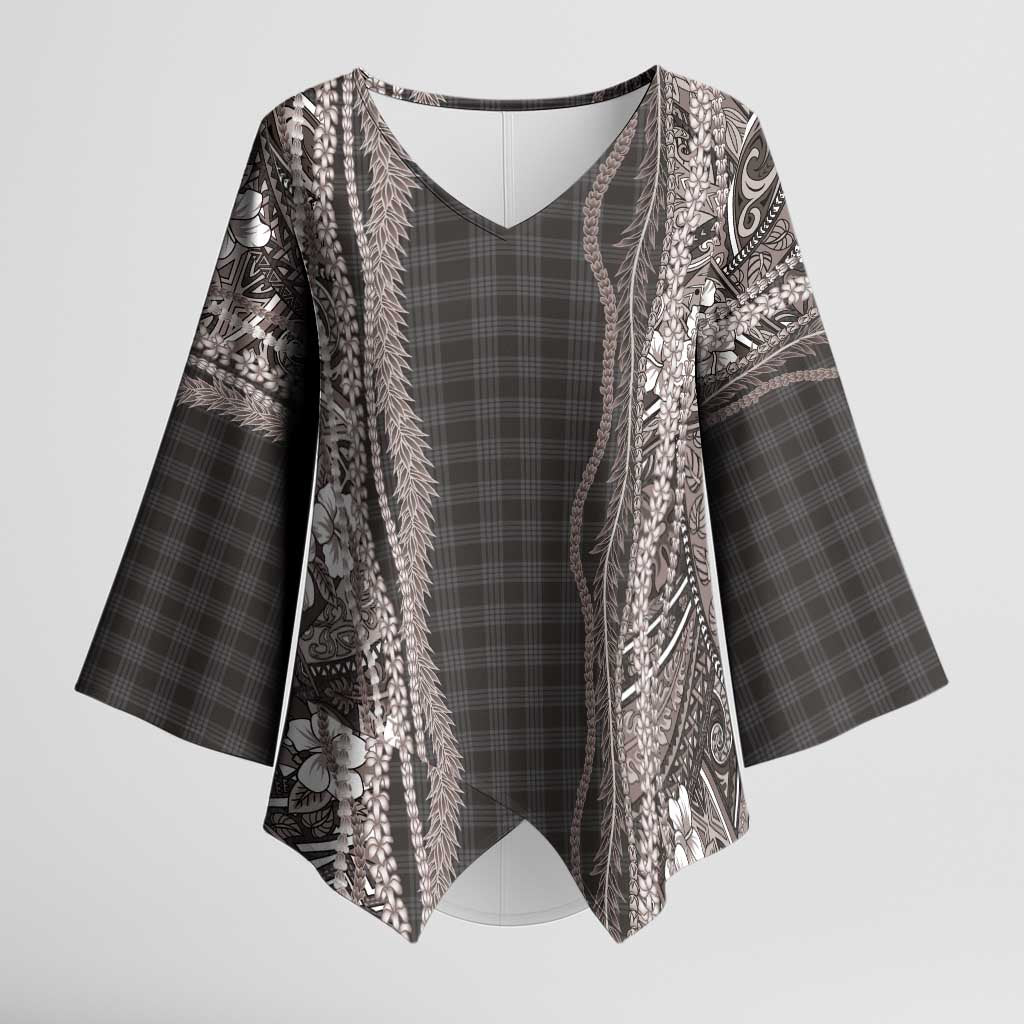 Hawaiian Art Flower Tribal with Lei Kimono Sleeve Blouse Palaka Pattern Grayscale LT03 Female Gray - Polynesian Pride