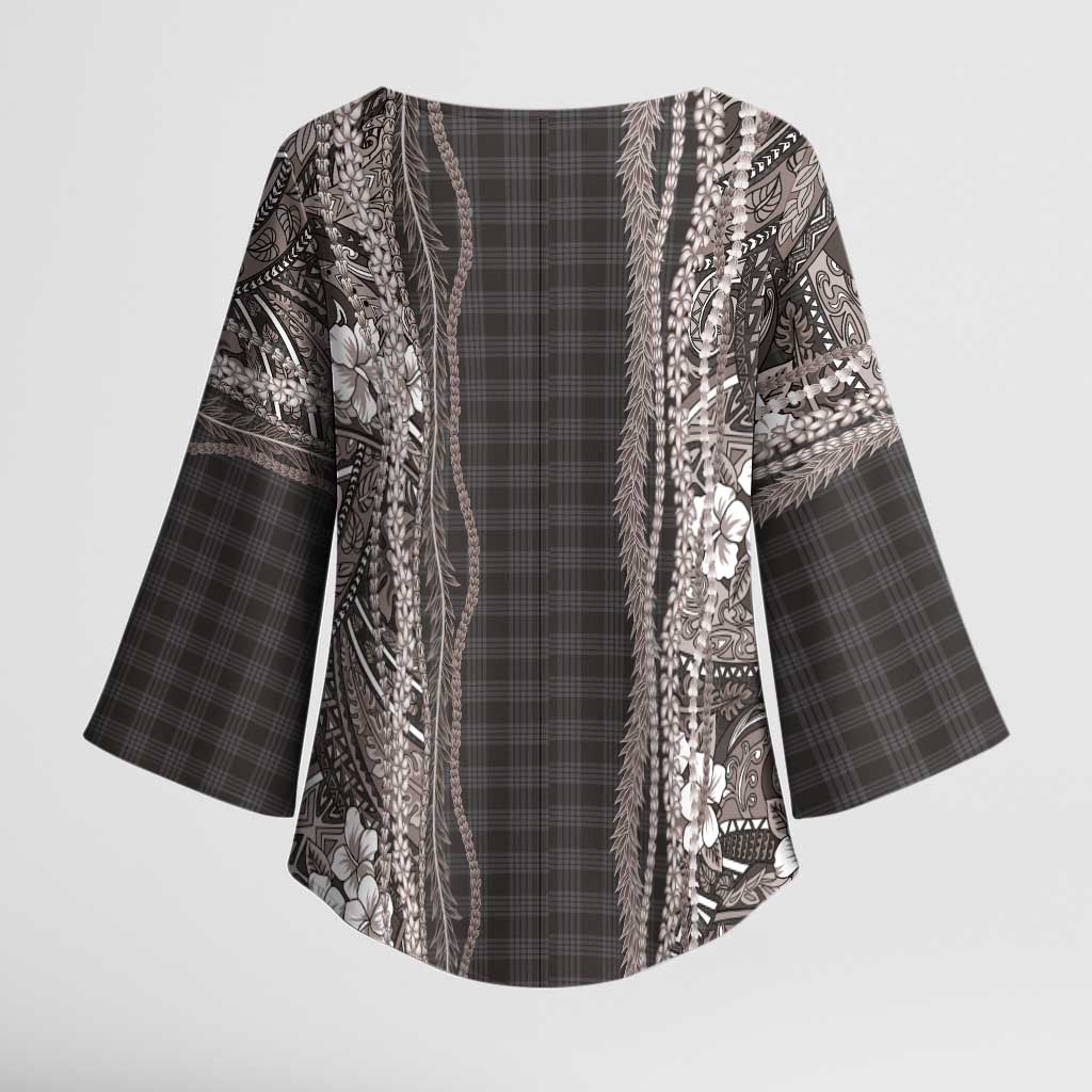 Hawaiian Art Flower Tribal with Lei Kimono Sleeve Blouse Palaka Pattern Grayscale LT03 - Polynesian Pride