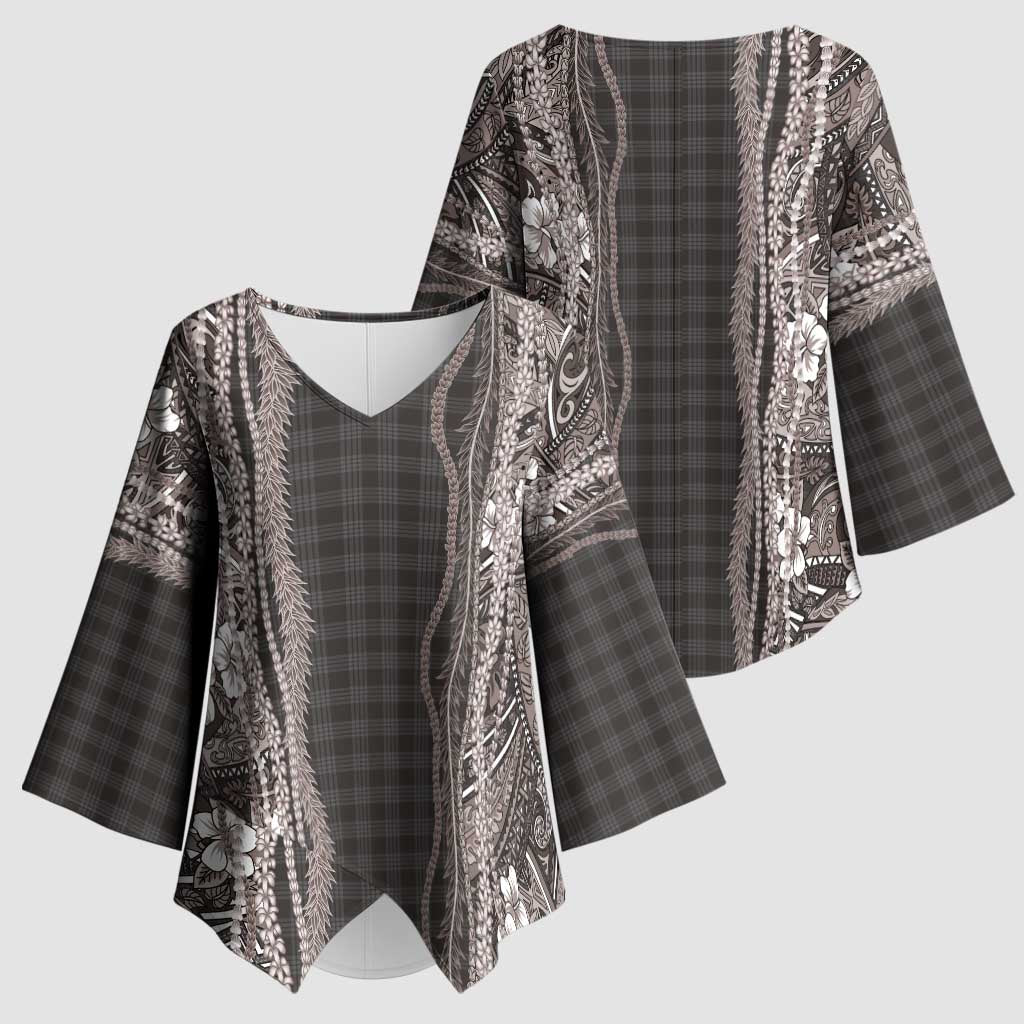 Hawaiian Art Flower Tribal with Lei Kimono Sleeve Blouse Palaka Pattern Grayscale LT03 - Polynesian Pride
