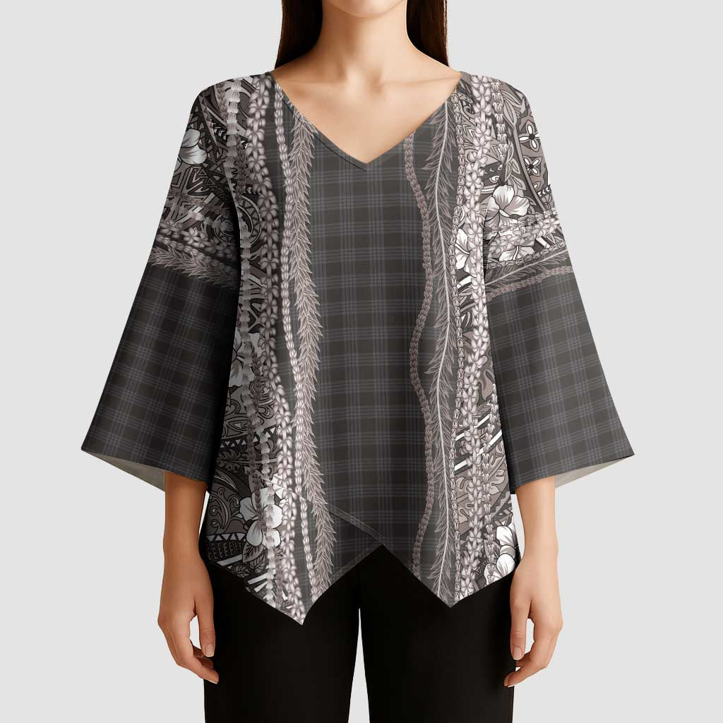 Hawaiian Art Flower Tribal with Lei Kimono Sleeve Blouse Palaka Pattern Grayscale LT03 - Polynesian Pride