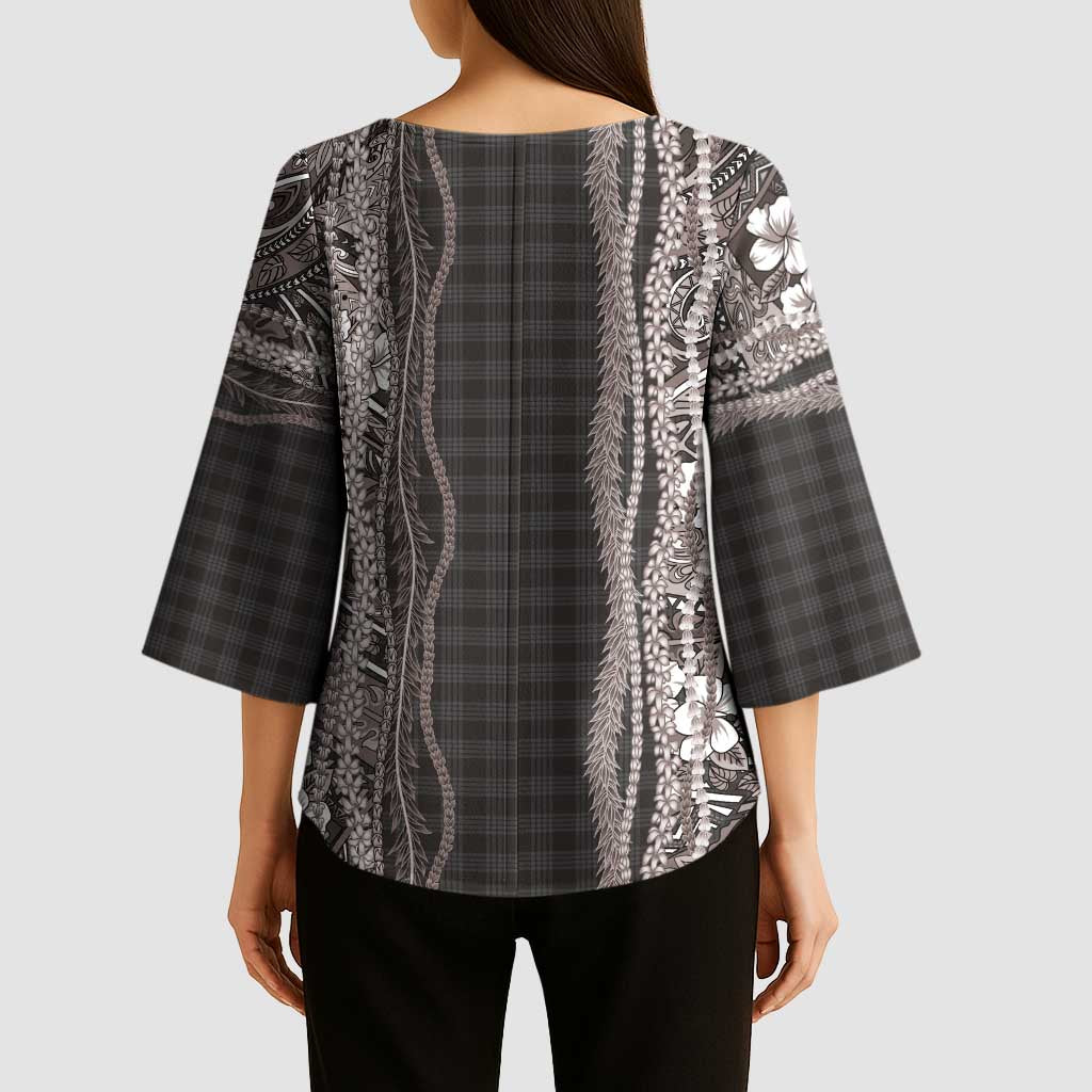 Hawaiian Art Flower Tribal with Lei Kimono Sleeve Blouse Palaka Pattern Grayscale LT03 - Polynesian Pride