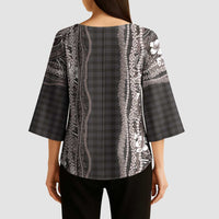 Hawaiian Art Flower Tribal with Lei Kimono Sleeve Blouse Palaka Pattern Grayscale LT03 - Polynesian Pride