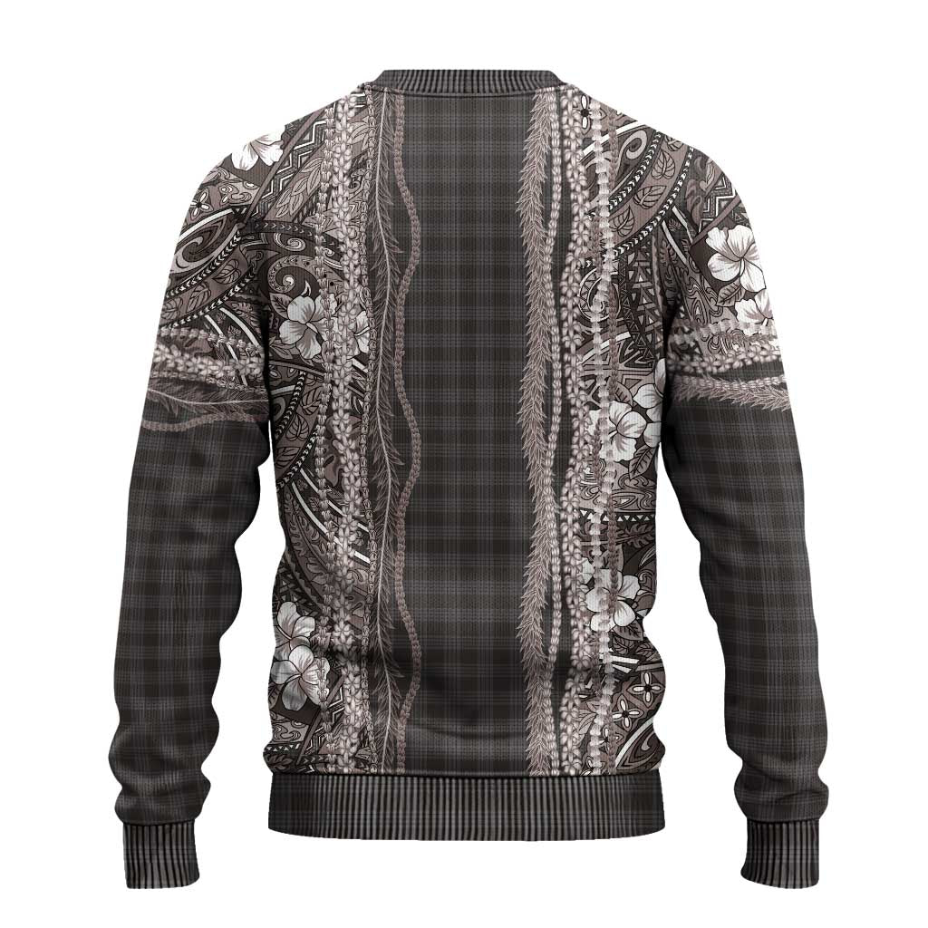 Hawaiian Art Flower Tribal with Lei Ugly Christmas Sweater Palaka Pattern Grayscale - Polynesian Pride