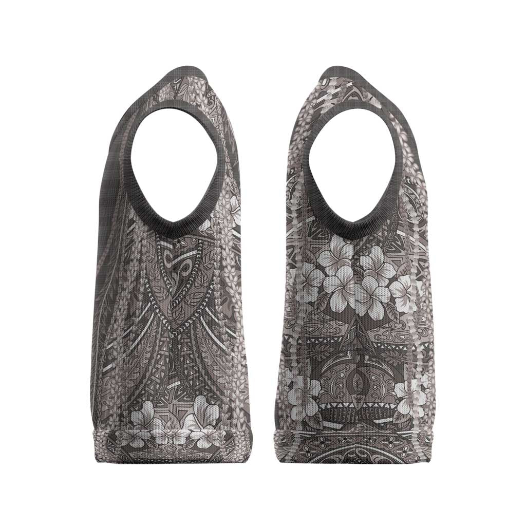 Hawaiian Art Flower Tribal with Lei Christmas Knitted V-Neck Vest Palaka Pattern Grayscale - Polynesian Pride