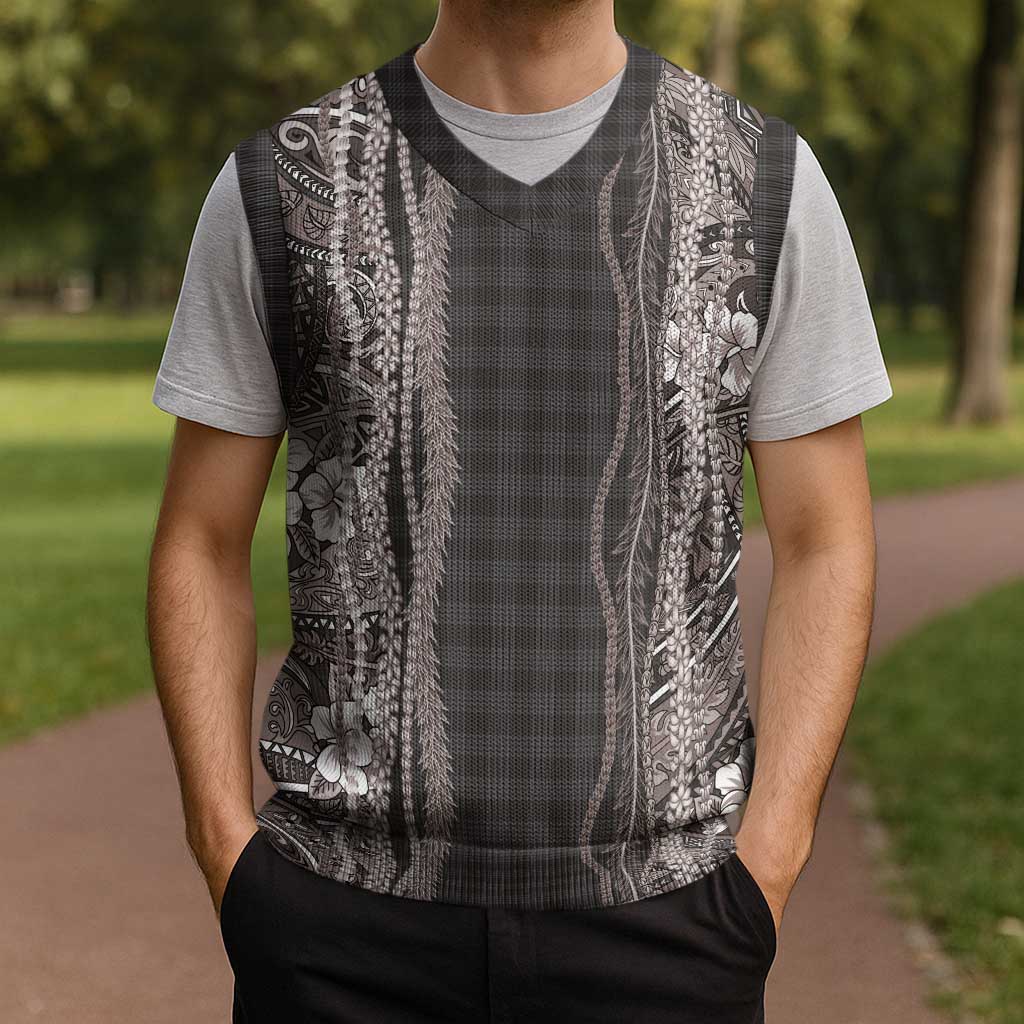 Hawaiian Art Flower Tribal with Lei Christmas Knitted V-Neck Vest Palaka Pattern Grayscale - Polynesian Pride