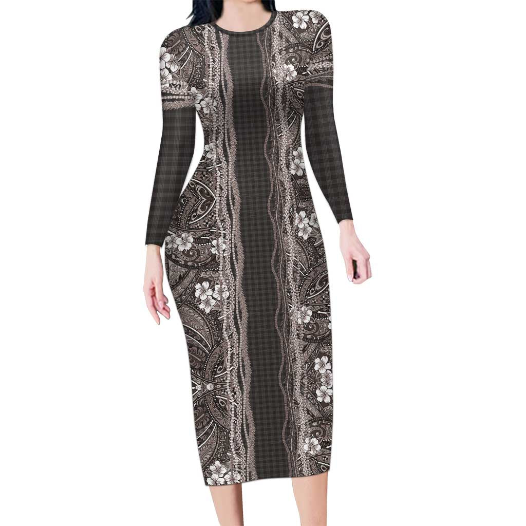 Hawaiian Art Flower Tribal with Lei Long Sleeve Bodycon Dress Palaka Pattern Grayscale - Polynesian Pride