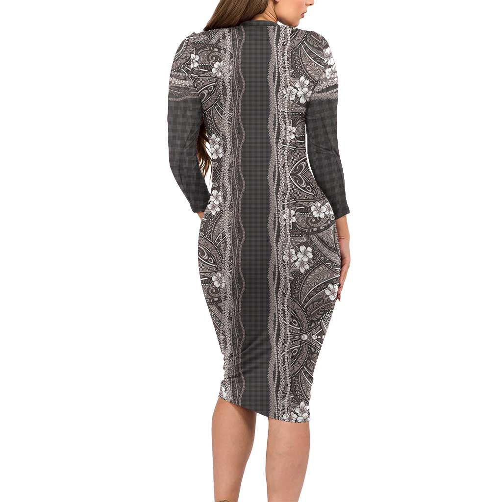 Hawaiian Art Flower Tribal with Lei Long Sleeve Bodycon Dress Palaka Pattern Grayscale - Polynesian Pride