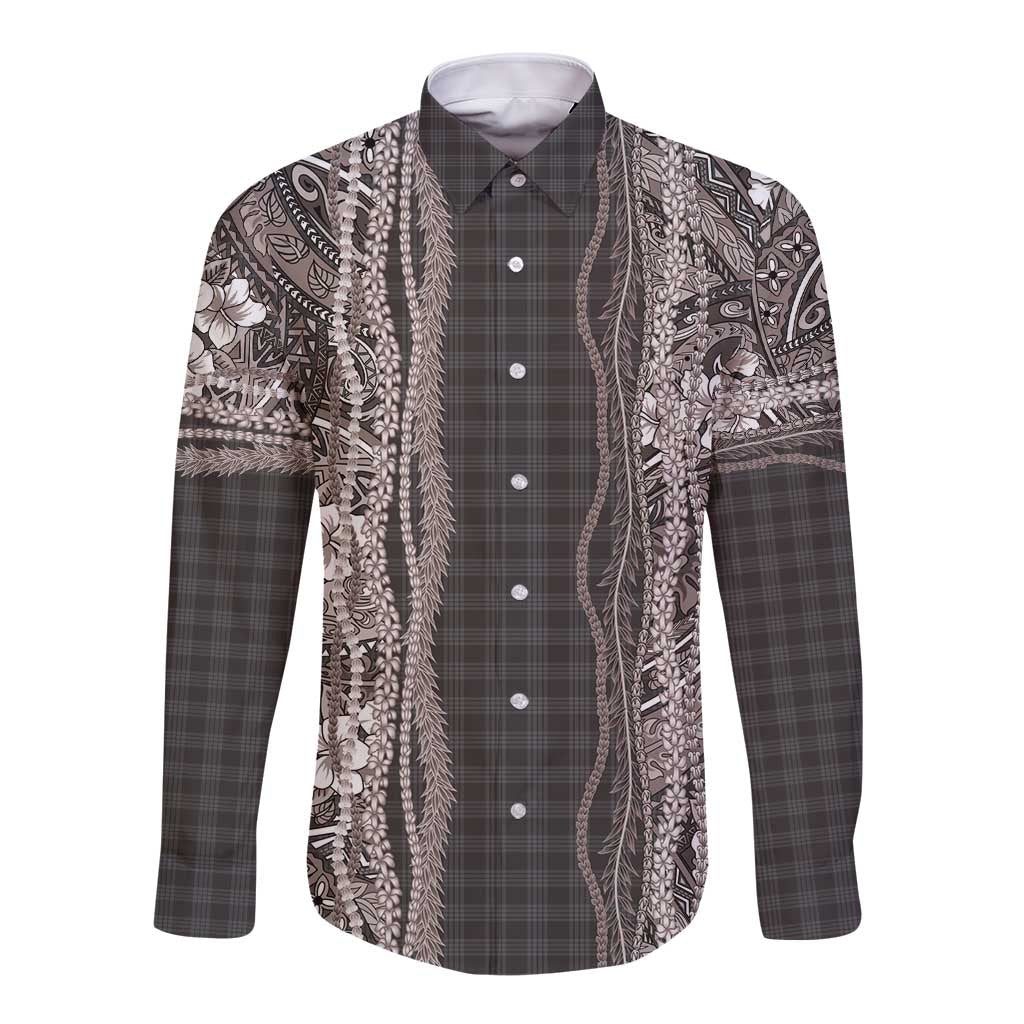 Hawaiian Art Flower Tribal with Lei Long Sleeve Button Shirt Palaka Pattern Grayscale LT03 Unisex Gray - Polynesian Pride