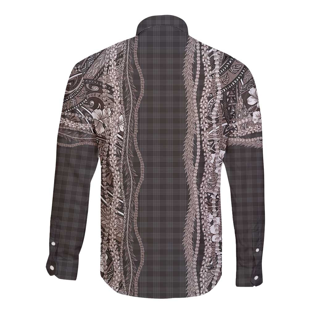 Hawaiian Art Flower Tribal with Lei Long Sleeve Button Shirt Palaka Pattern Grayscale LT03 - Polynesian Pride