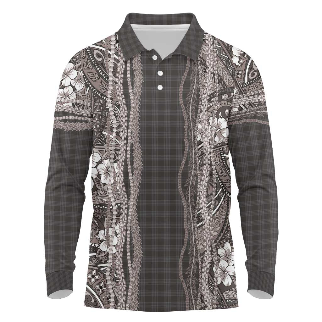 Hawaiian Art Flower Tribal with Lei Long Sleeve Polo Shirt Palaka Pattern Grayscale LT03 Gray - Polynesian Pride