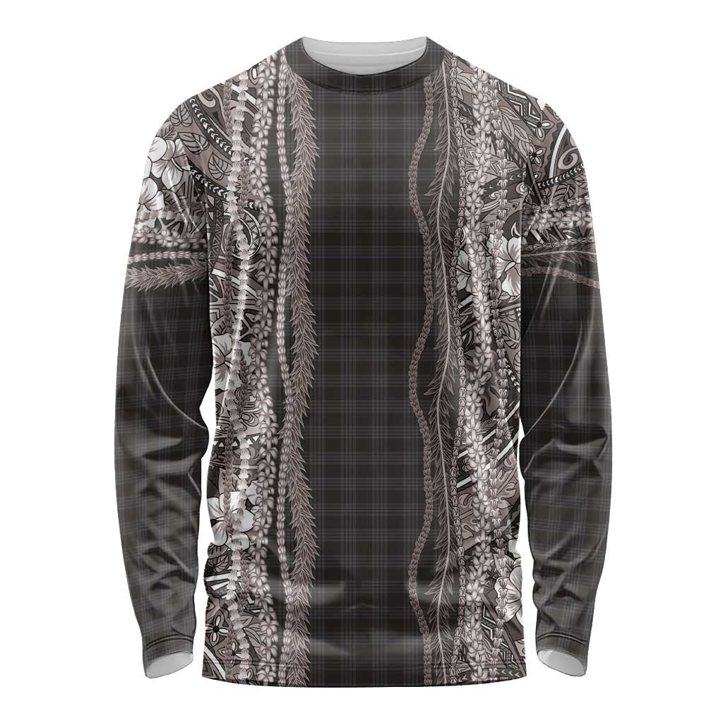 Hawaiian Art Flower Tribal with Lei Long Sleeve Shirt Palaka Pattern Grayscale LT03 Unisex Gray - Polynesian Pride