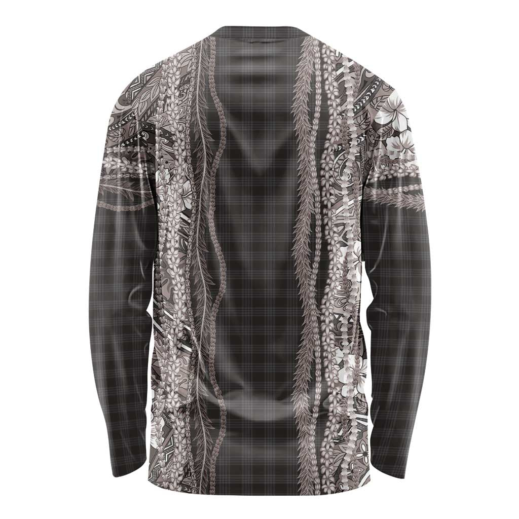 Hawaiian Art Flower Tribal with Lei Long Sleeve Shirt Palaka Pattern Grayscale LT03 - Polynesian Pride