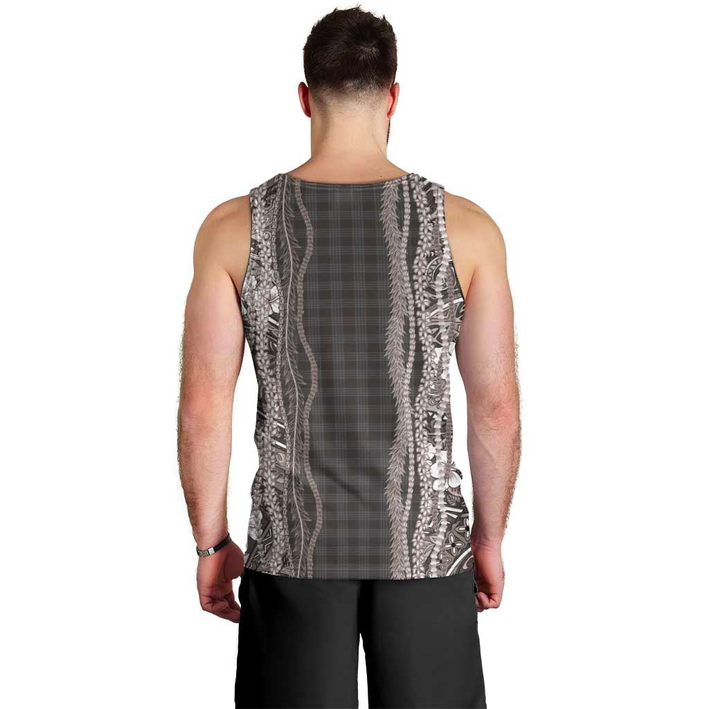 Hawaiian Art Flower Tribal with Lei Men Tank Top Palaka Pattern Grayscale LT03 - Polynesian Pride