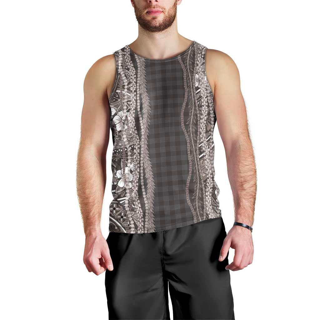 Hawaiian Art Flower Tribal with Lei Men Tank Top Palaka Pattern Grayscale LT03 - Polynesian Pride