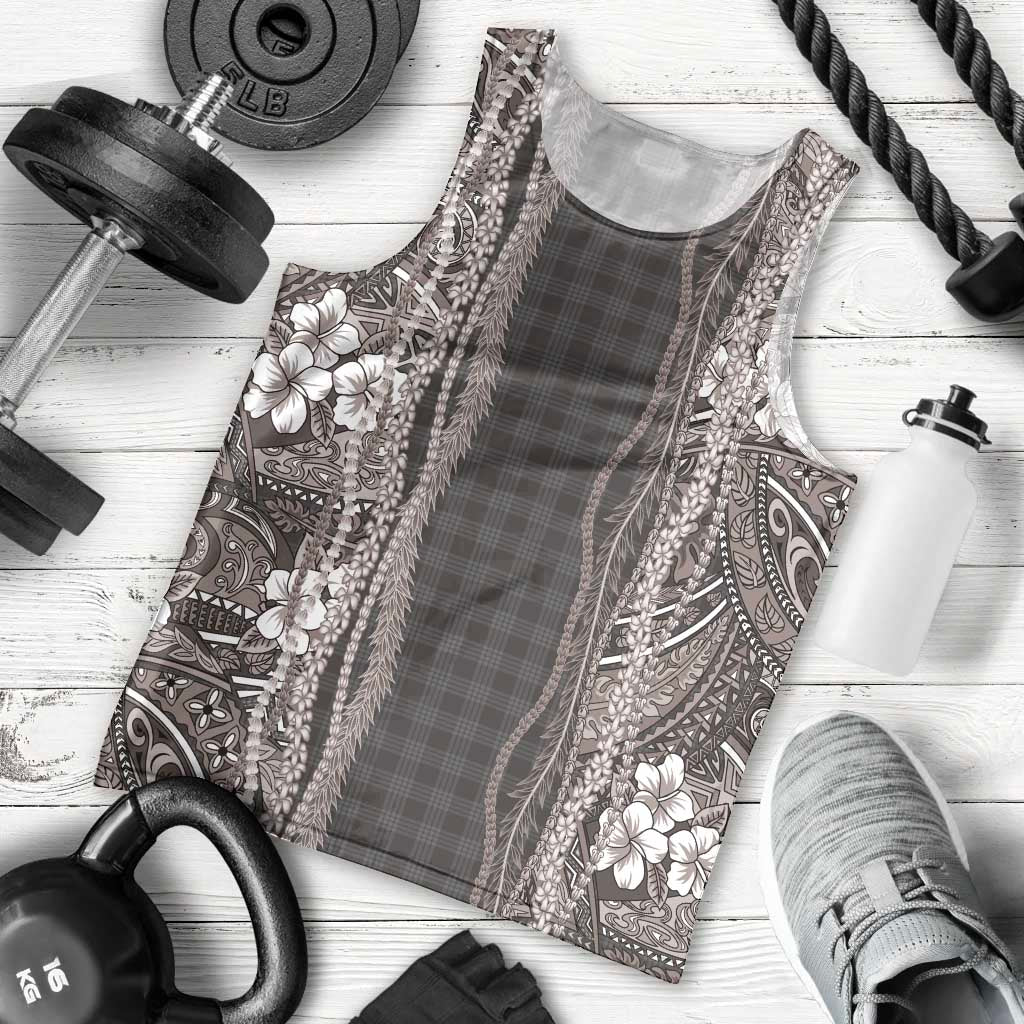 Hawaiian Art Flower Tribal with Lei Men Tank Top Palaka Pattern Grayscale LT03 - Polynesian Pride