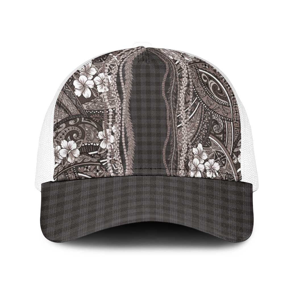 Hawaiian Art Flower Tribal with Lei Mesh Trucker Cap Palaka Pattern Grayscale - Polynesian Pride