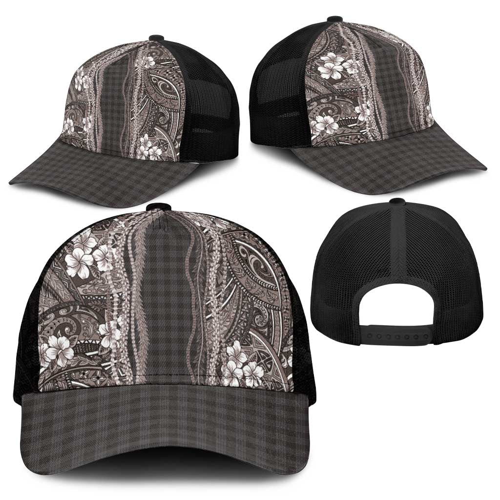 Hawaiian Art Flower Tribal with Lei Mesh Trucker Cap Palaka Pattern Grayscale - Polynesian Pride