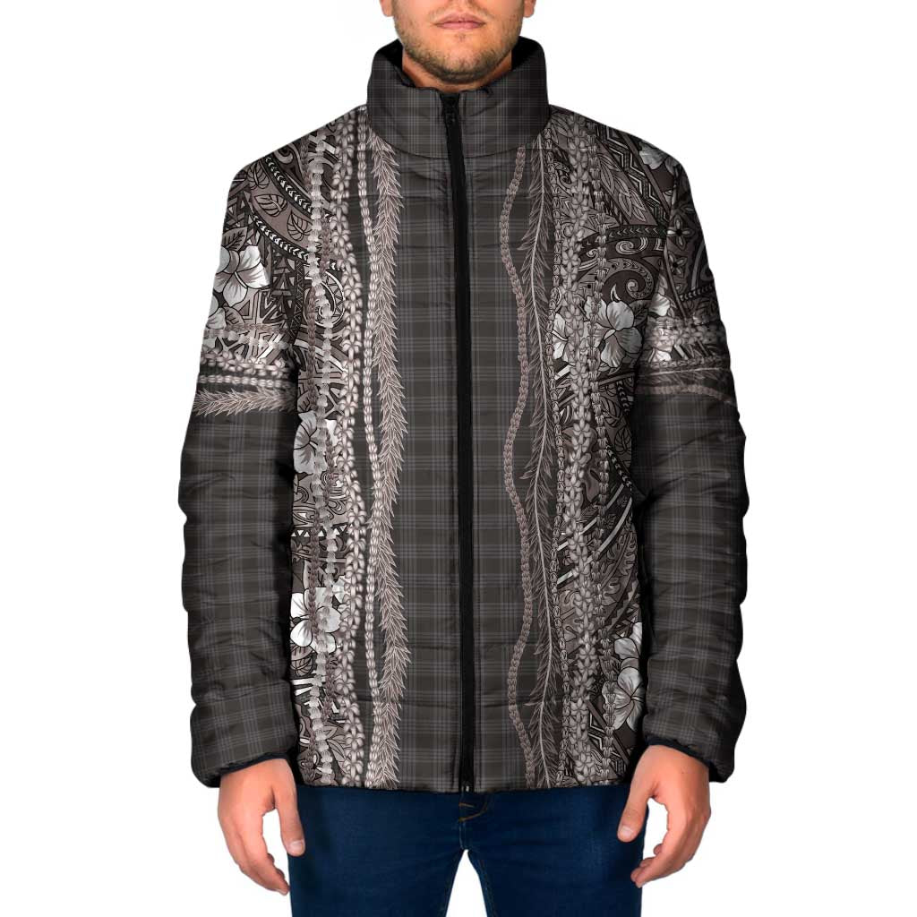 Hawaiian Art Flower Tribal with Lei Padded Jacket Palaka Pattern Grayscale LT03 Men Gray - Polynesian Pride