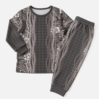 Hawaiian Art Flower Tribal with Lei Christmas Pajama Set Palaka Pattern Grayscale - Polynesian Pride